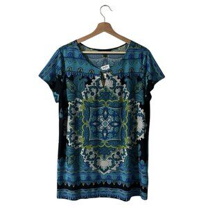Melissa Paige Top Size XL Keyhole Neckline Blue Green Paisley Liquid Travel Knit